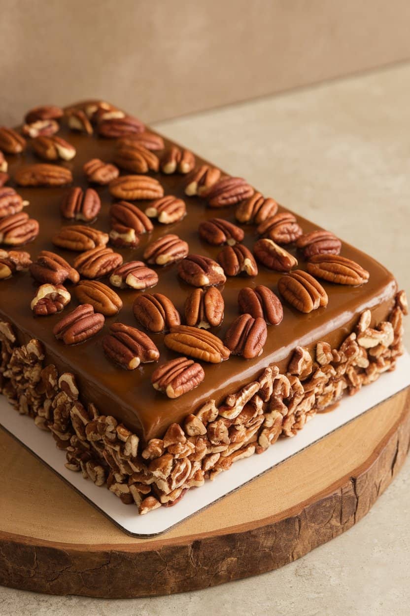 A rectangular sheet cake topped with glossy brown-butter icing and scattered toasted pecan halves, photographed indoors. No text or logos.