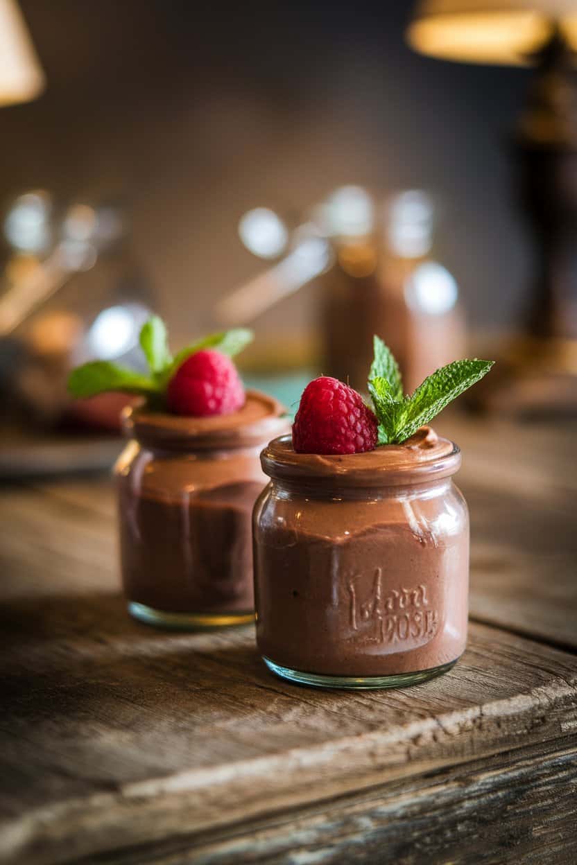 Indoor photo of two small glass jars filled with silky dark chocolate mousse, topped with a fresh raspberry and a mint sprig, placed on a rustic wooden table. Soft, warm lighting, no text or logos visible.
