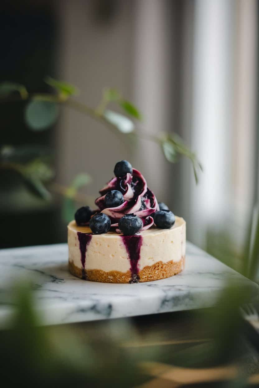 Indoor photo of a mini cashew cheesecake with a swirl of blueberry compote on top, sitting on a marble slab. Natural window lighting, no text or logos.