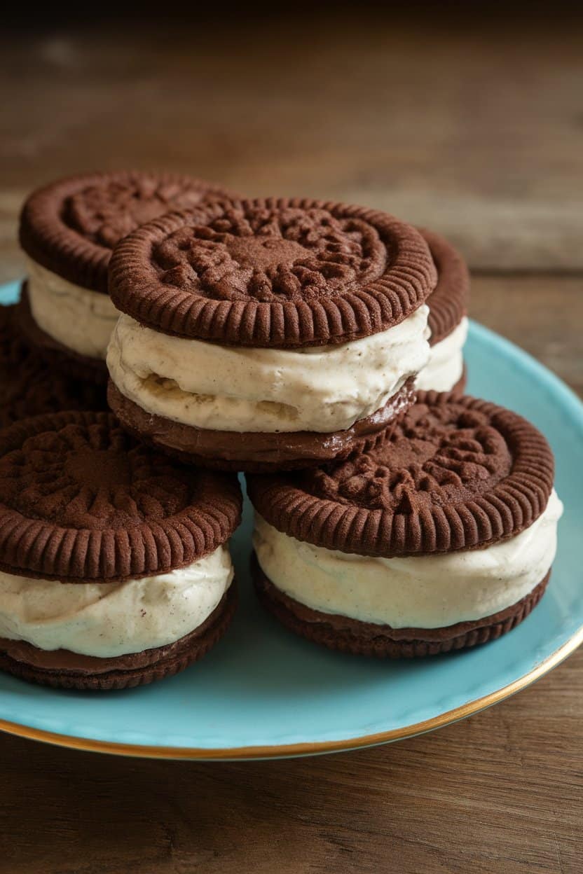 An indoor plate stacked with chocolate cookie sandwiches filled with coffee-flavored banana nice cream, faint melting along edges. No text or logos.