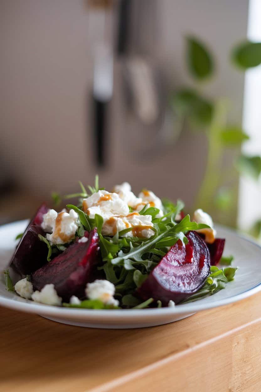 Indoor photo of a salad plate with roasted beet wedges, crumbled goat cheese, and baby arugula drizzled with vinaigrette; no text or logos