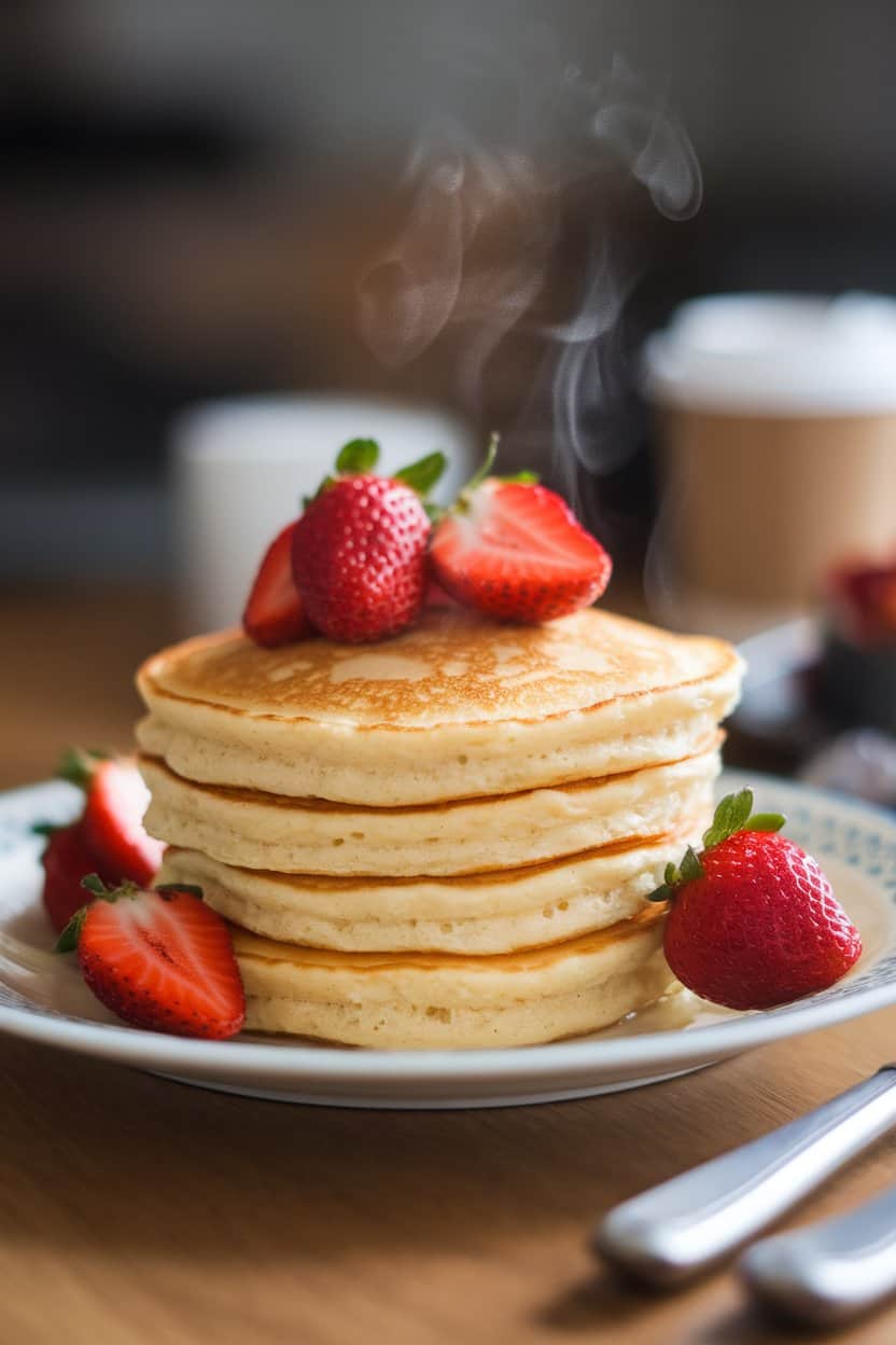 Indoor photo of a breakfast plate with a short stack of golden cottage cheese pancakes, steam visible, topped with fresh strawberries; no text or logos