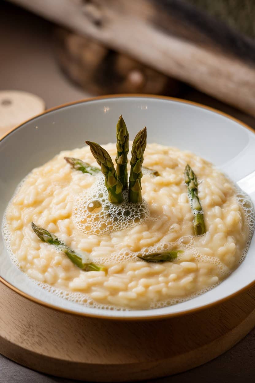 Indoor photo of creamy risotto dotted with asparagus tips and tiny bubbles of Champagne foam, no text or logos