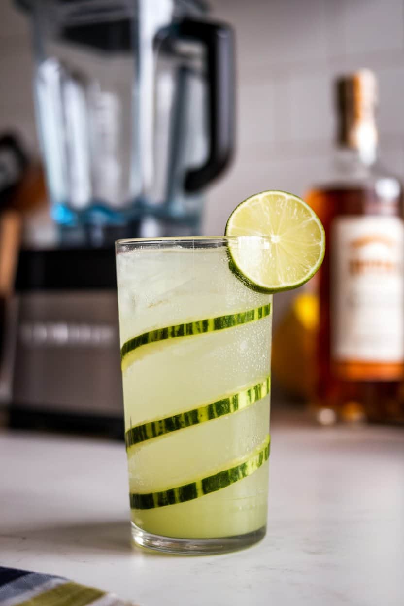 An indoor kitchen counter shot of a chilled highball glass filled with pale green cucumber-lime mocktail, thin cucumber ribbons spiraling inside the glass, and a lime wheel perched on the rim. No text or logos. Photo only.