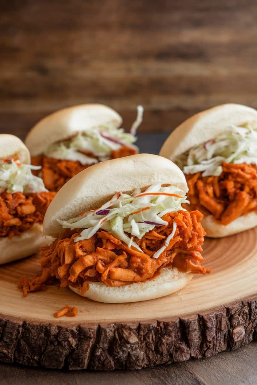 Indoor photo of mini buns stuffed with saucy shredded jackfruit and a dollop of slaw on a wooden board. No text or logos.