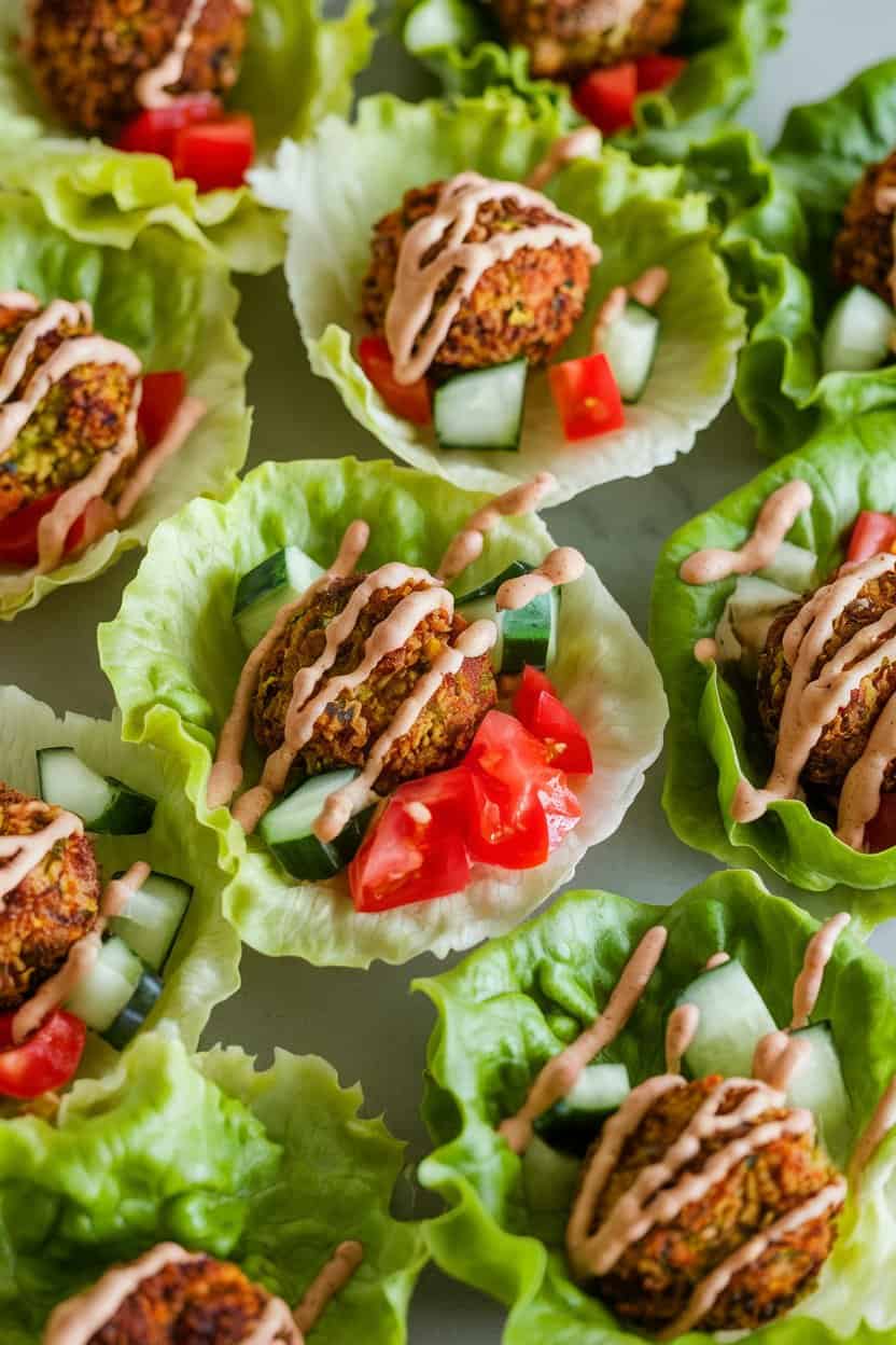 Indoor photo of crisp lettuce cups holding baked falafel balls, diced tomato, cucumber, and a drizzle of tahini sauce. No text or logos anywhere.