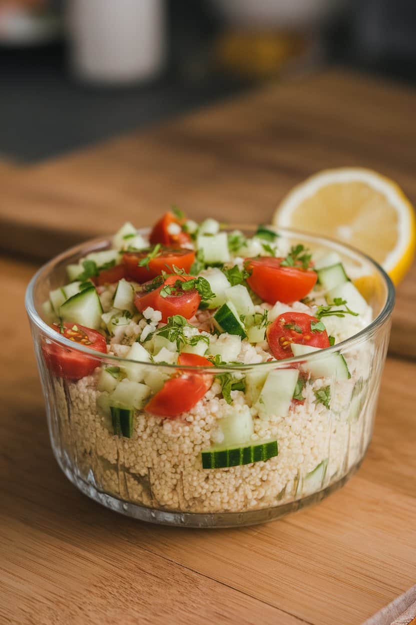 Indoor tabletop displaying a glass bowl of fluffy couscous mixed with diced cucumber, cherry tomatoes, and chopped herbs, lemon wedge nearby. Photo, no text or logos.