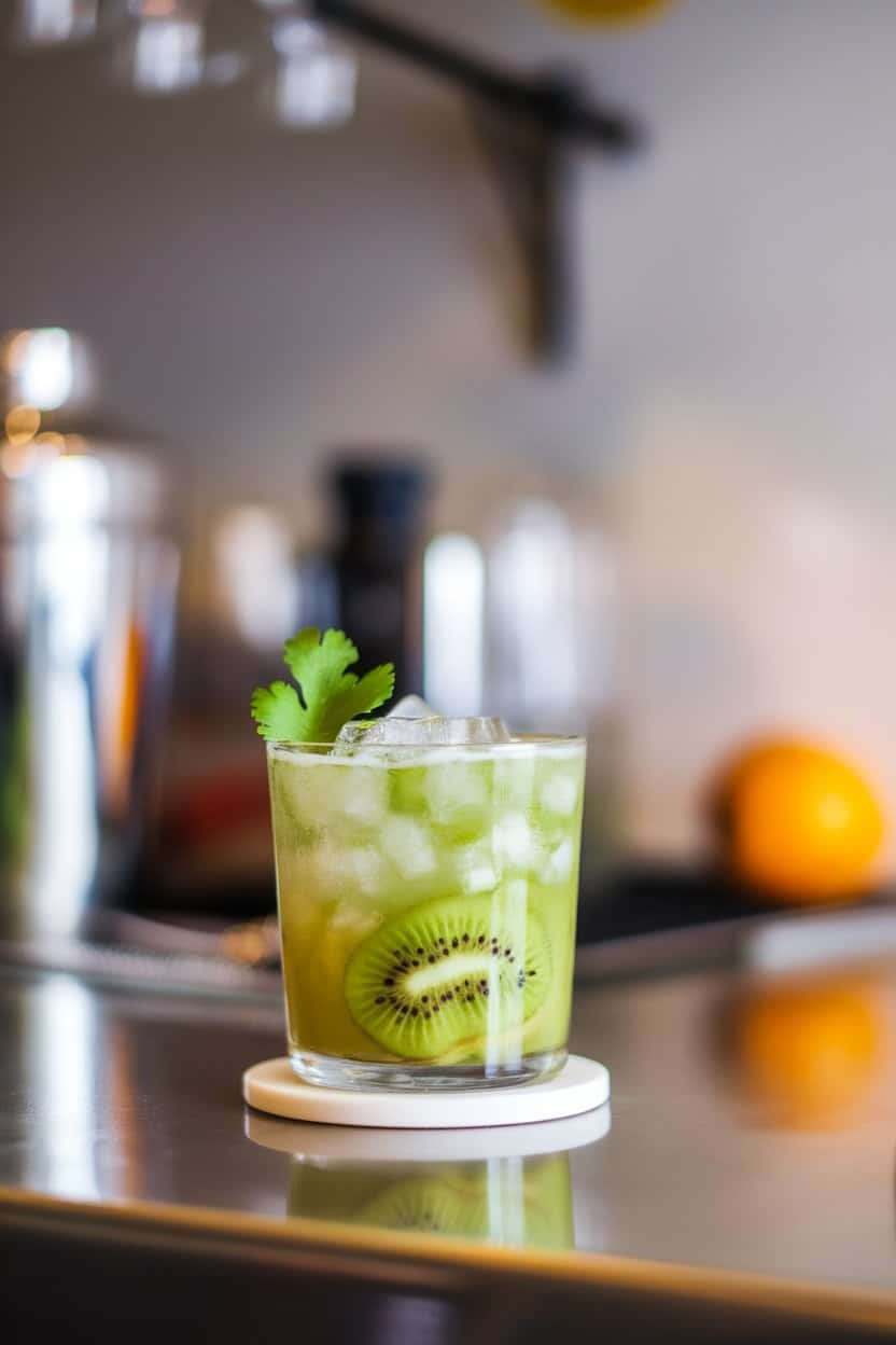 Indoor bar countertop showing a short glass brimming with vibrant green kiwi mocktail, crushed ice, and a tiny cilantro leaf garnish. No text or logos in frame. Photo only.