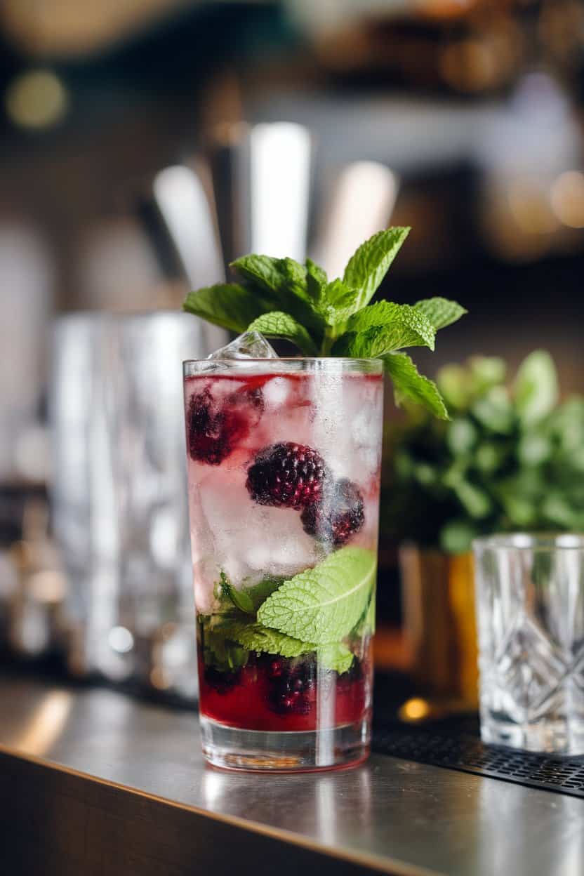 Indoor cocktail counter with a highball glass of muddled blackberry mojito, bright mint bouquet and crushed ice; photo, no text or logos.