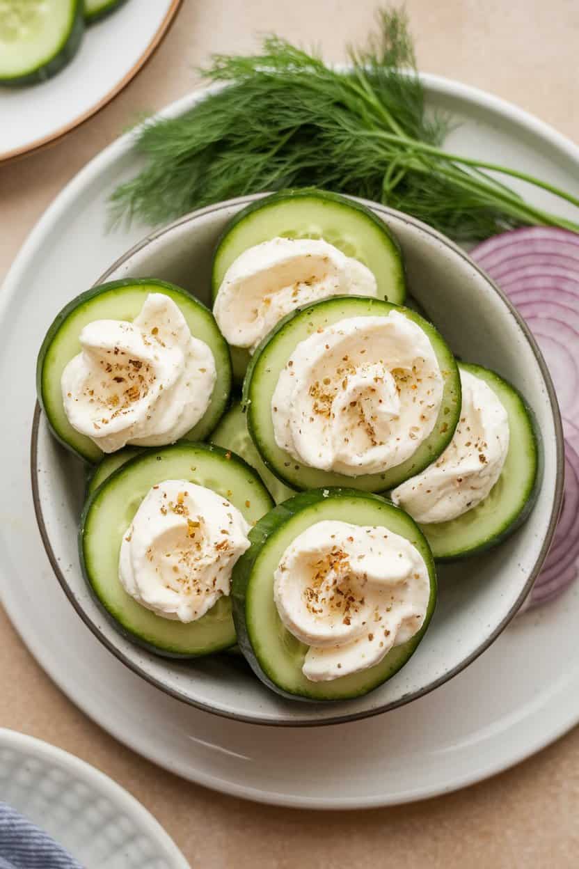 Indoor photo of cucumber rounds topped with whipped dairy-free cream cheese and sprinkled with everything bagel seasoning. No text or logos.