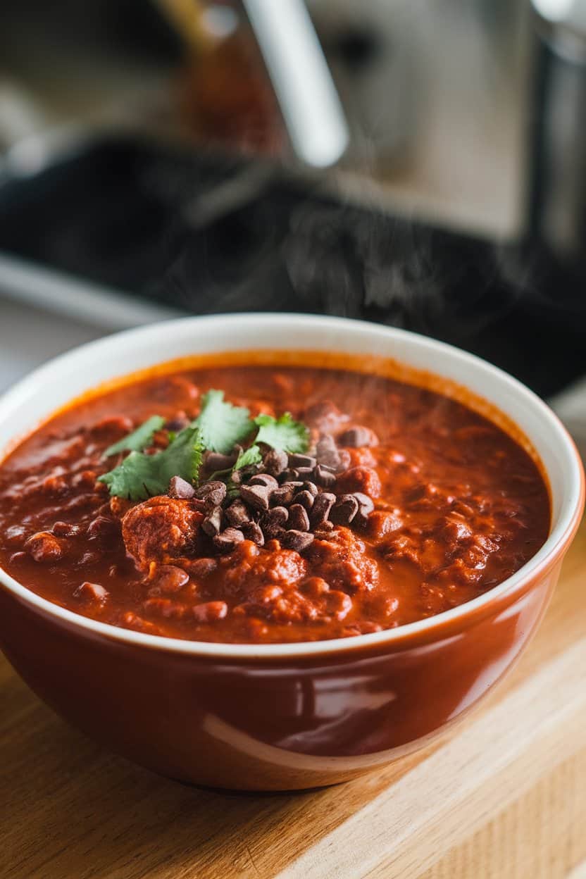 Indoor bowl of deep reddish-brown chili topped with cacao nibs and cilantro, steam visible, no text or logos.