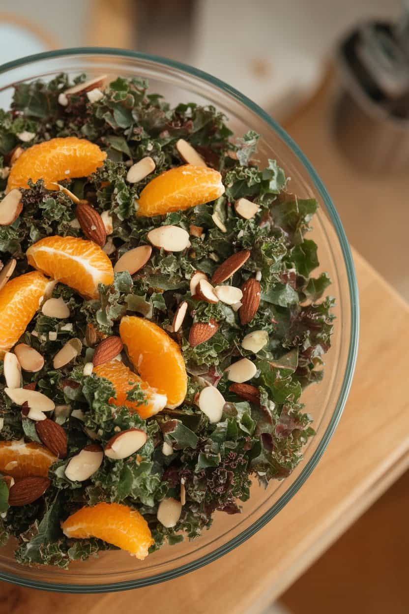 Indoor photo of a large bowl of kale salad tossed with orange segments, sliced almonds, and a light vinaigrette; close-up overhead shot, no text or logos