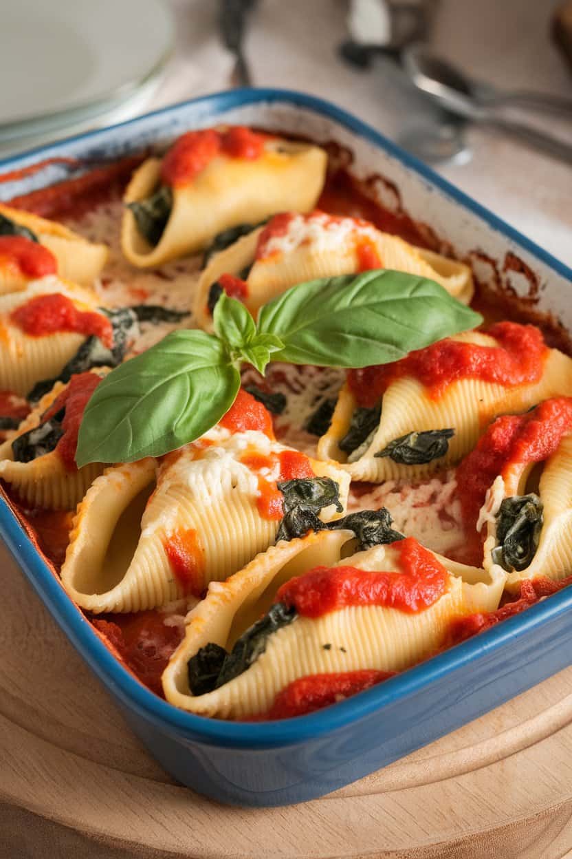 A baking dish of jumbo pasta shells filled with ricotta and spinach, topped with bubbling marinara and cheese, photographed indoors. No logos or text. Photo only.