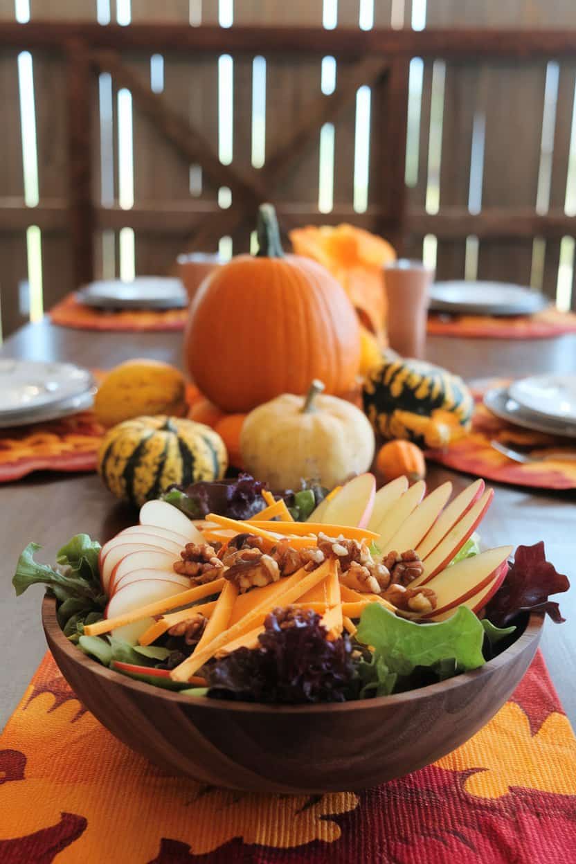 Photo of an indoor fall-themed table with a wooden bowl filled with mixed greens, thin apple slices, toasted walnuts, and cheddar shards, lightly dressed. No text or logos anywhere.