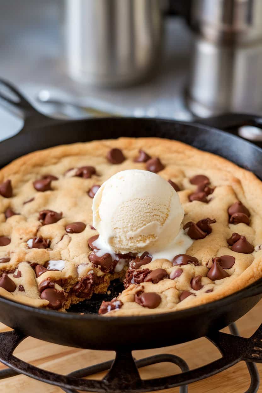 A cast-iron skillet on an indoor trivet holding a giant chocolate chip cookie with melty chips and a scoop of vanilla ice cream just beginning to soften. No text or logos, photo.