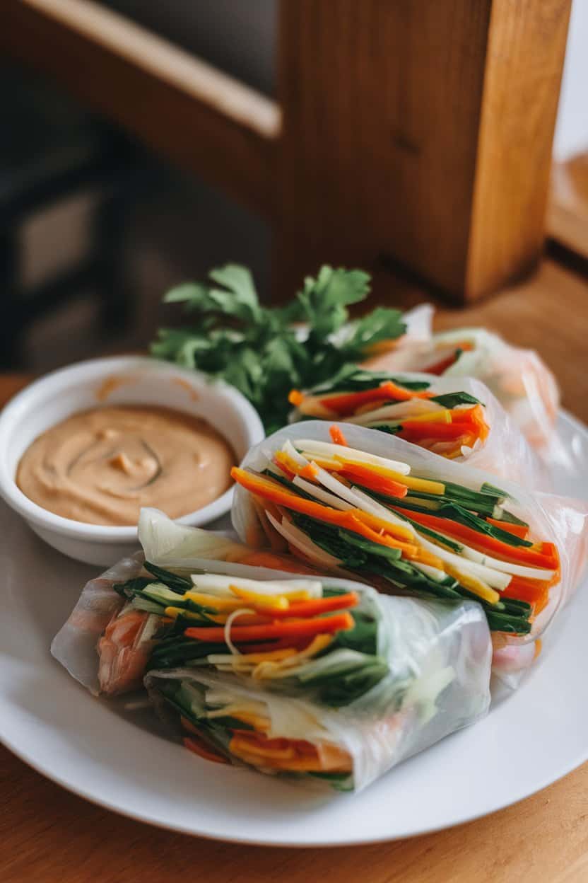 Photo of a plate indoors holding translucent rice-paper rolls stuffed with colorful julienned vegetables and herbs, accompanied by a small bowl of creamy peanut sauce. No text or logos present.