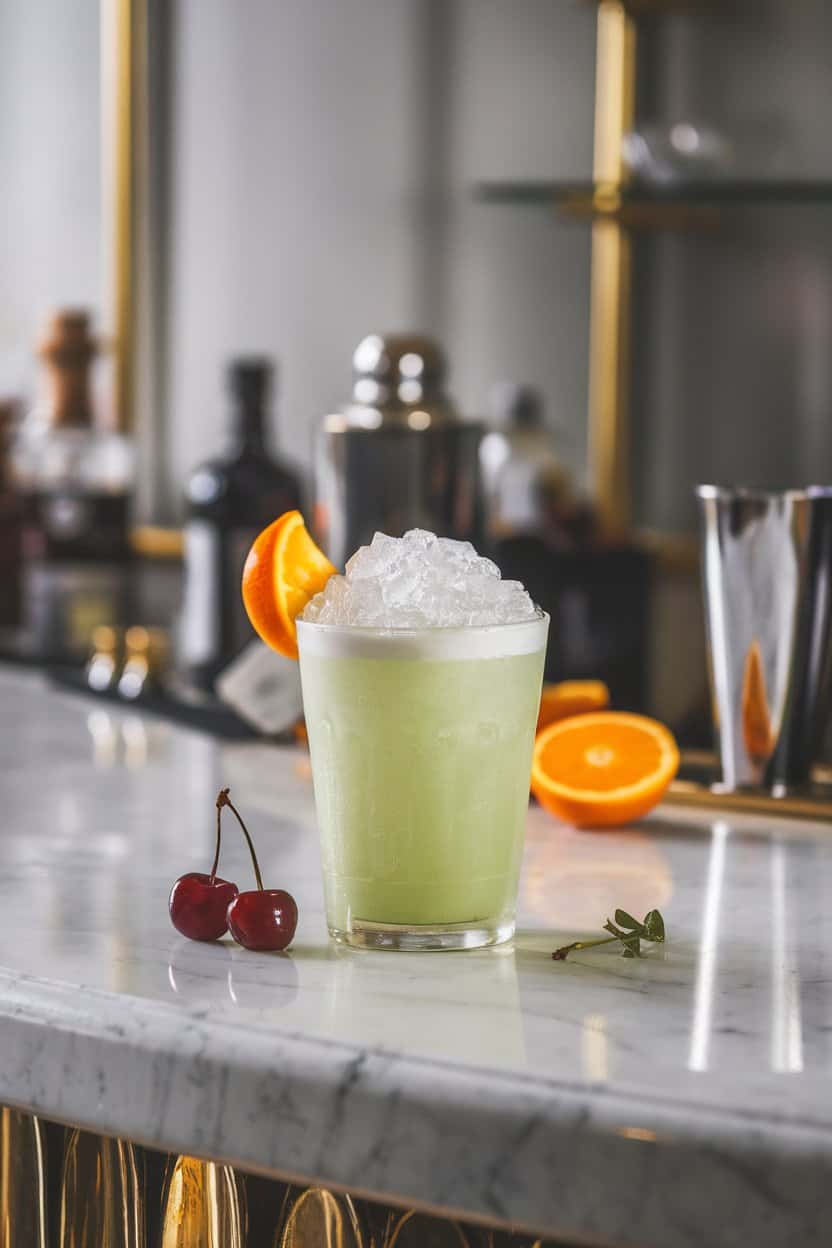 Indoor marble bar top featuring a frosted julep cup of pale green Absinthe Frappe crowned with crushed ice dome; photo, no text or logos.