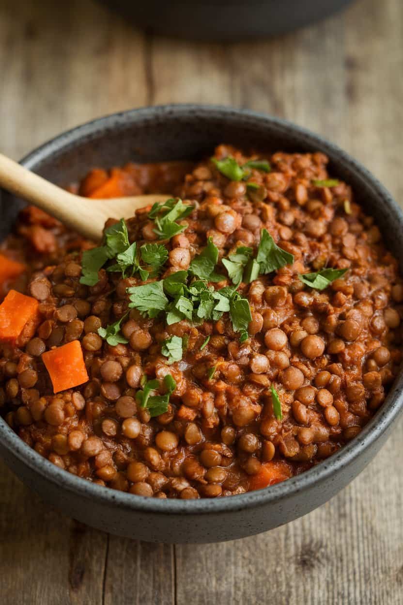 Indoor photo of a deep bowl filled with thick lentil-sweet potato stew, topped with chopped parsley—no visible branding