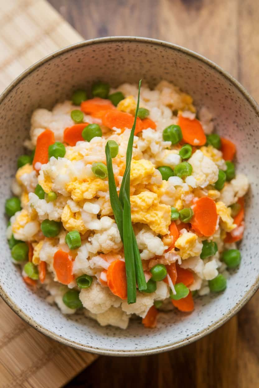 Indoor photo of a shallow bowl containing cauliflower “rice” stir-fried with peas, carrots, and scrambled egg whites; top-down view, no text or logos