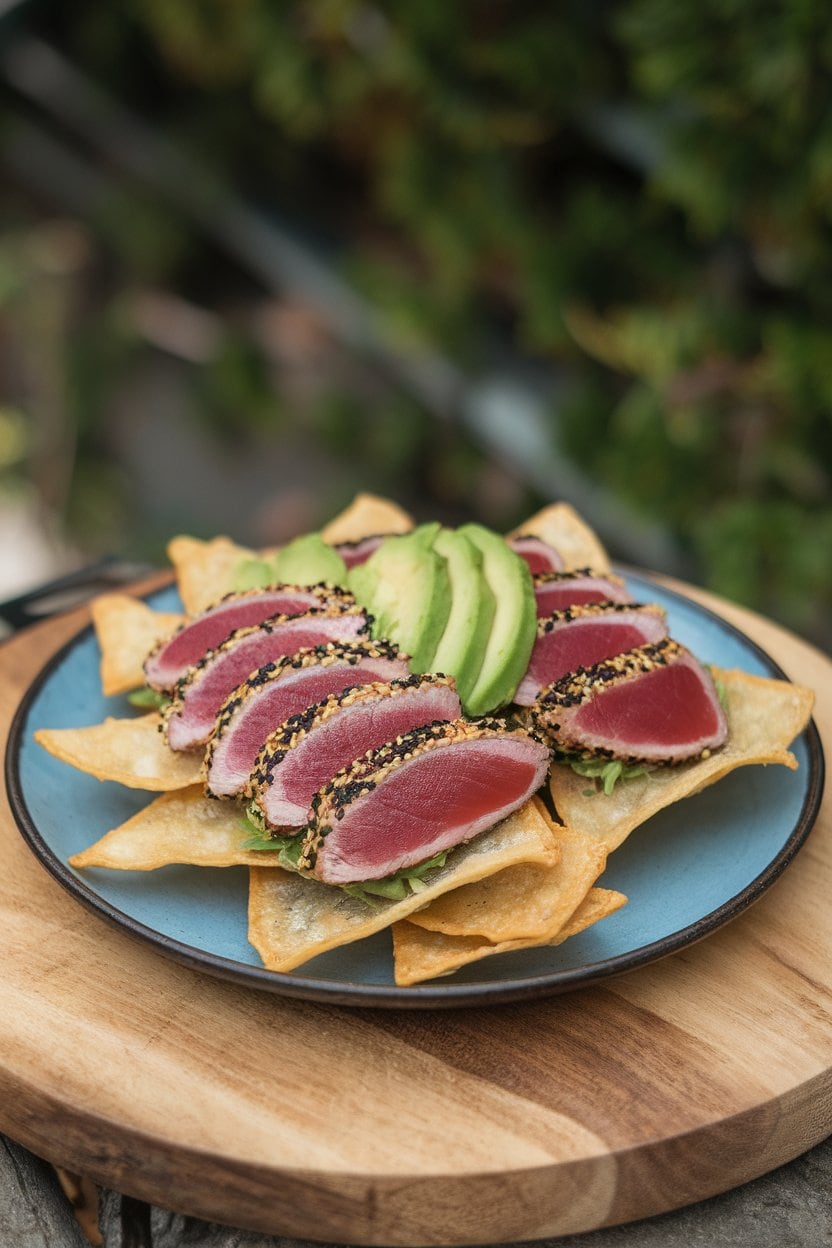 An indoor plate featuring crisp wonton chips topped with thin slices of sesame-crusted seared tuna (cooked rare), avocado, and a dot of wasabi mayo. No text or logos.