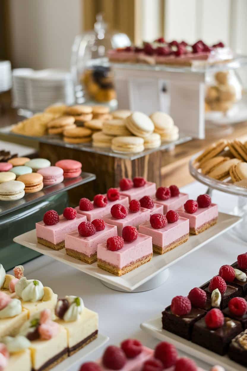 An indoor dessert buffet featuring mini raspberry cheesecake squares topped with fresh berries and a light glaze, no text or logos present.