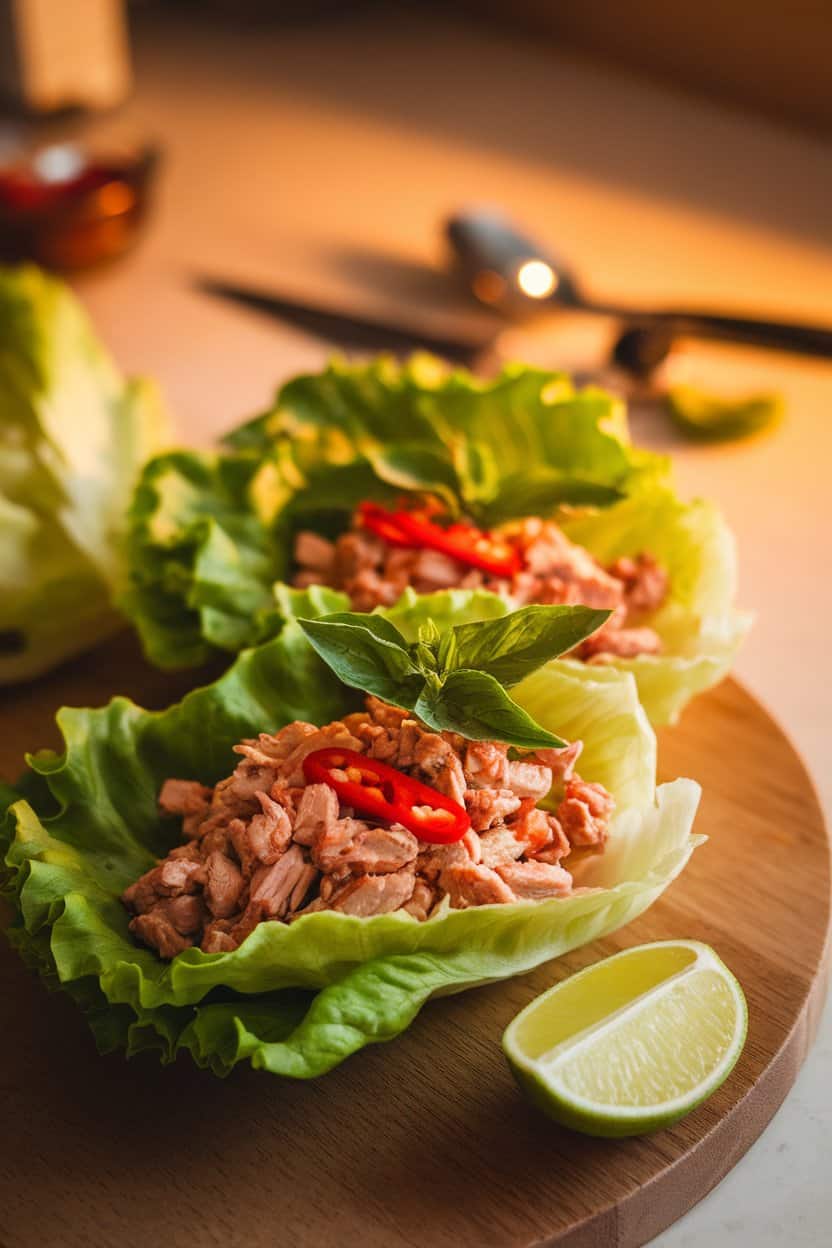 Indoor photo of crisp lettuce leaves filled with minced chicken, red chili, and Thai basil, lime wedge nearby; warm countertop lighting, no text or logos