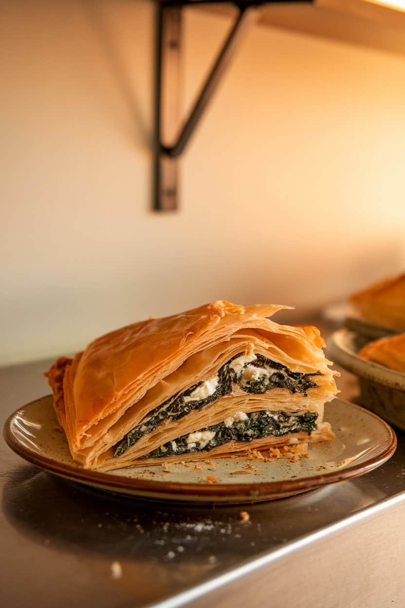Indoor bakery counter with a triangular slice of flaky filo pastry stuffed with spinach and feta, crumbs on plate. No text or logos, photo not illustration.