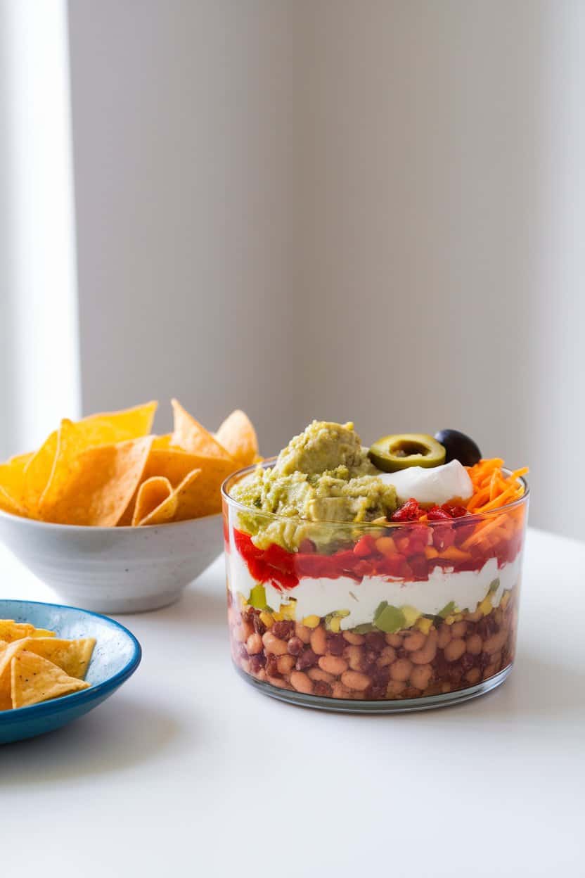 A bright indoor table with a glass dish showing visible layers of refried beans, guacamole, sour cream, salsa, cheese, olives, and diced peppers. Tortilla chips in a bowl nearby. No text or logos. Photo only.