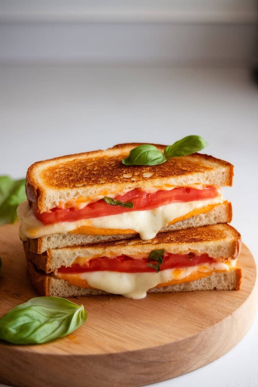 Indoor kitchen counter with a cut-in-half Caprese grilled cheese oozing mozzarella, tomato slices, and fresh basil leaves, served on a wooden board. Photo, no text or logos.