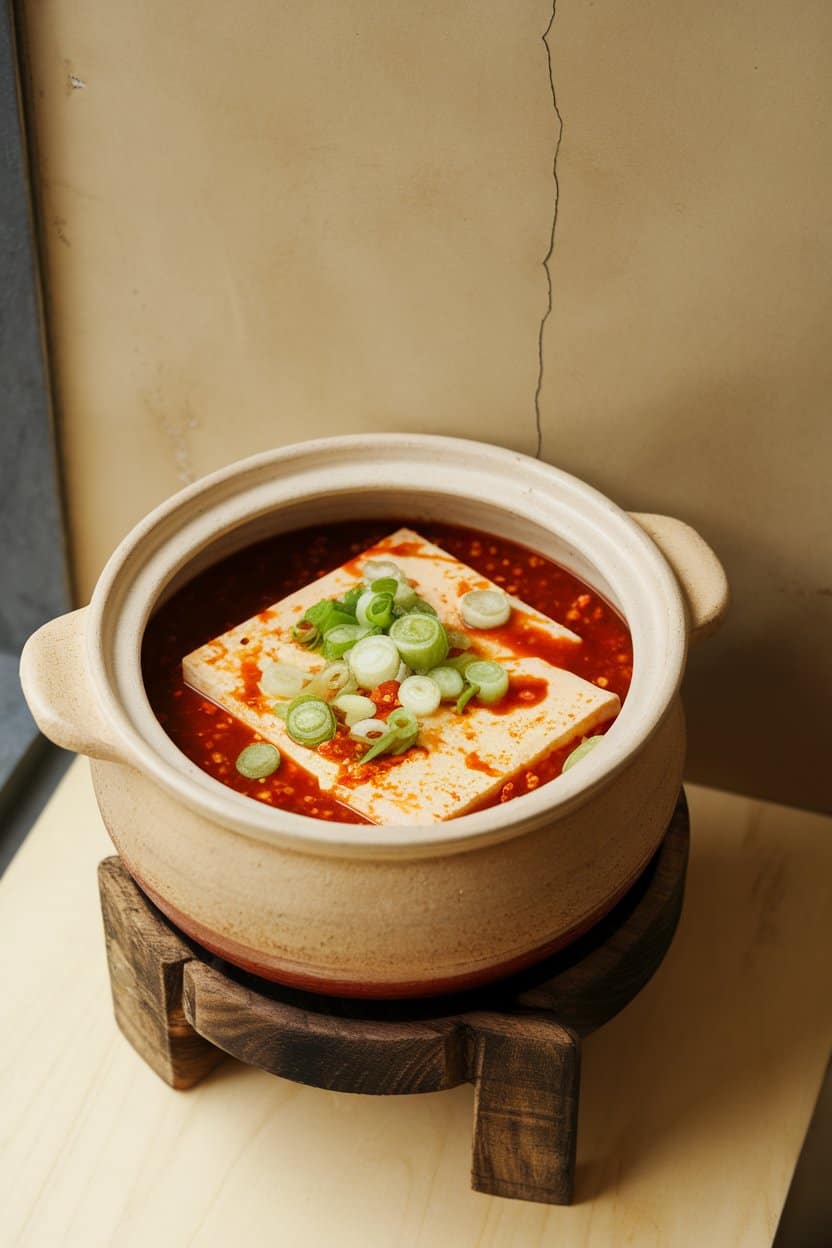 An indoor clay pot filled with silken tofu in red chili bean sauce, sliced scallions on top, no text or logos.