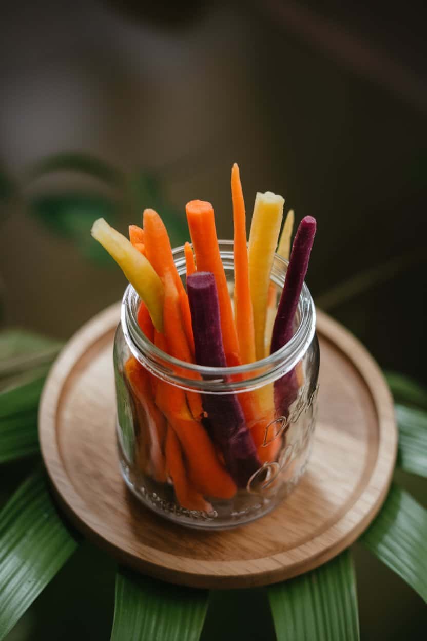 Indoor photo of slender pickled carrot sticks in shades of orange, yellow, and purple arranged in a clear glass jar on a wooden tray; soft top lighting, no text or logos.