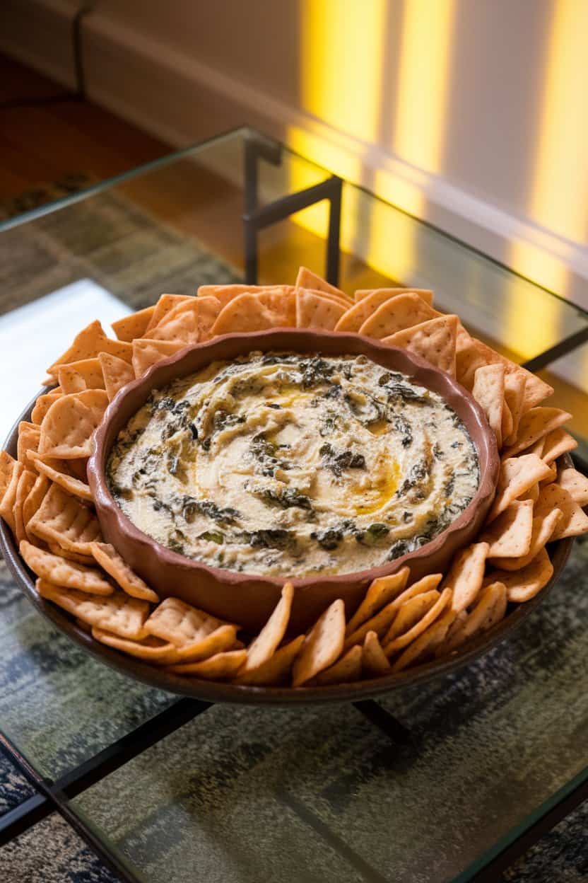 An indoor coffee table with a bubbling ceramic dish of creamy spinach artichoke dip, surrounded by pita chips. Soft yellow lighting, no logos.
