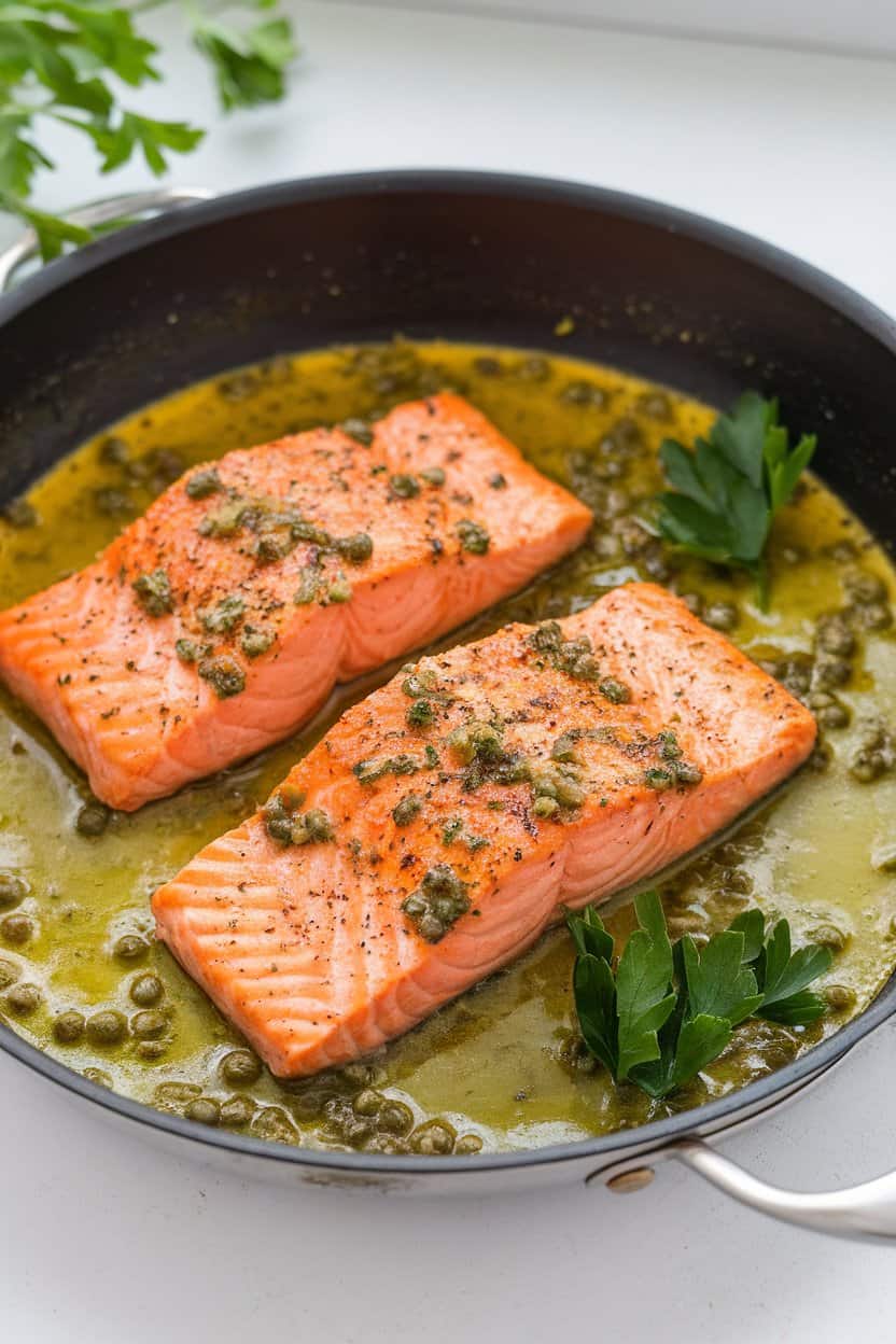 Photo of an indoor skillet featuring salmon fillets in a tangy lemon-caper sauce, garnished with parsley. No text or logos.
