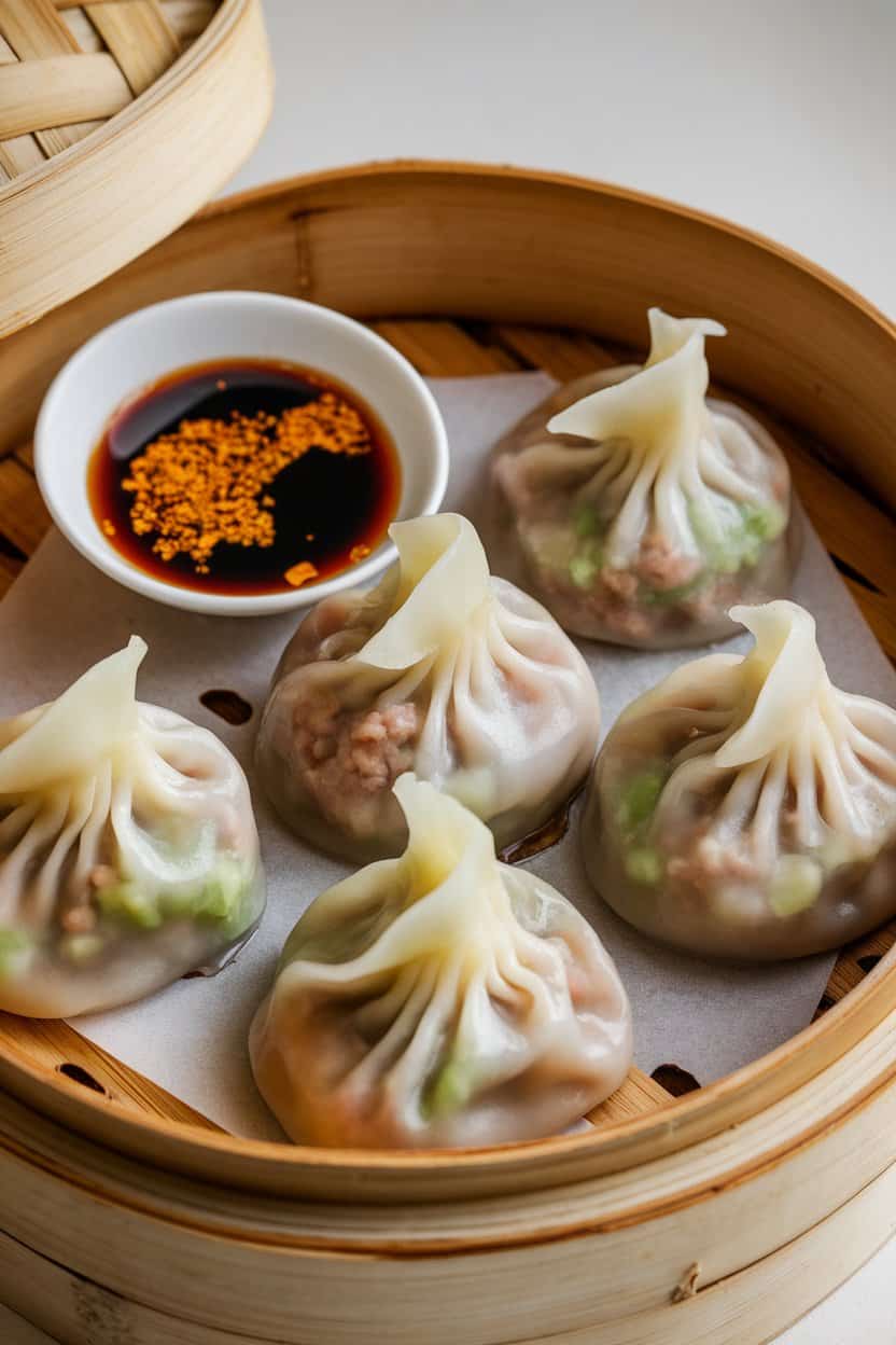 Indoor photo of steamed dumplings in a bamboo steamer with soy-ginger dipping sauce alongside. No text or logos.