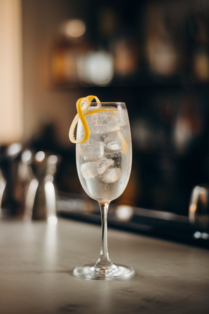 A softly lit indoor bar table with a flute of pale French 75 topped with bubbles, thin lemon twist draped inside; photo, no text or logos.