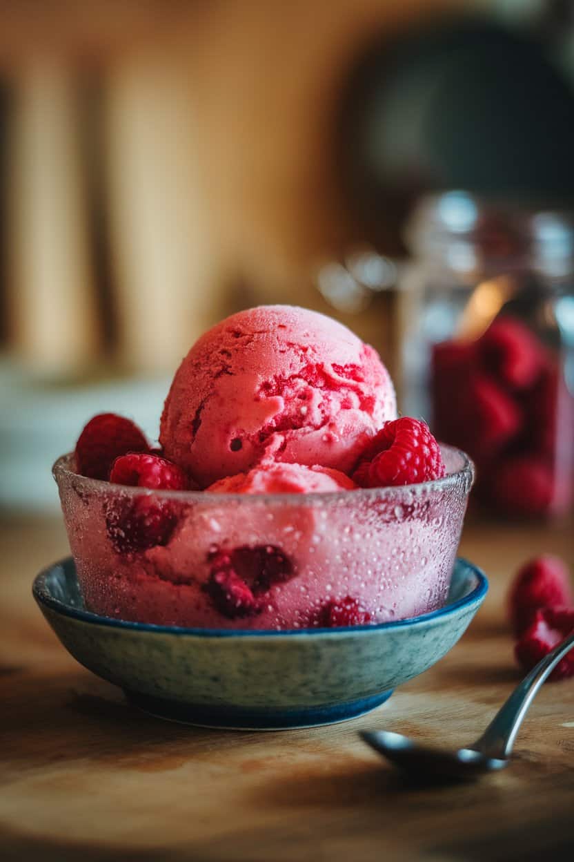 A frosty bowl of vibrant raspberry sorbet on a wooden kitchen table, condensation droplets visible on the dish. Indoor lighting; no text or logos.