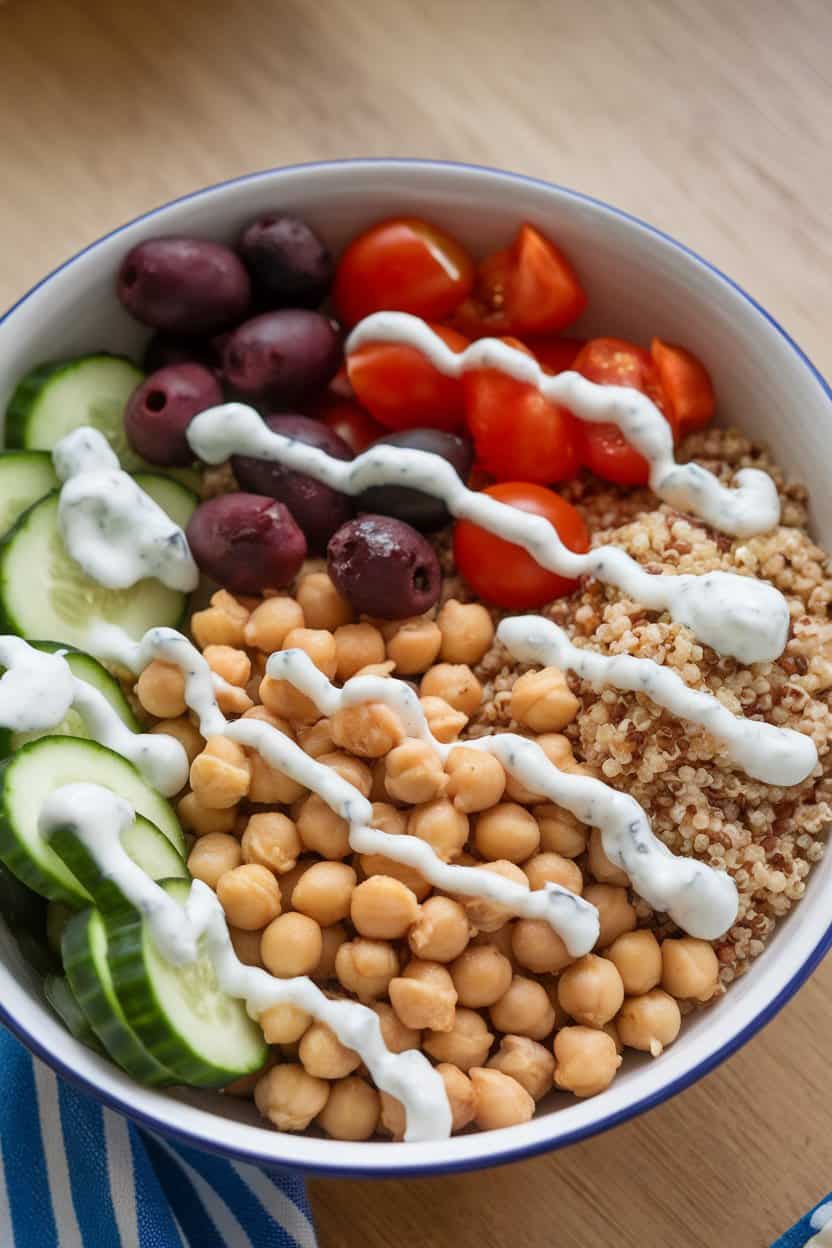Indoor photo of a bowl with chickpeas, cucumber, cherry tomatoes, olives, and quinoa, drizzled with tzatziki; no text or logos