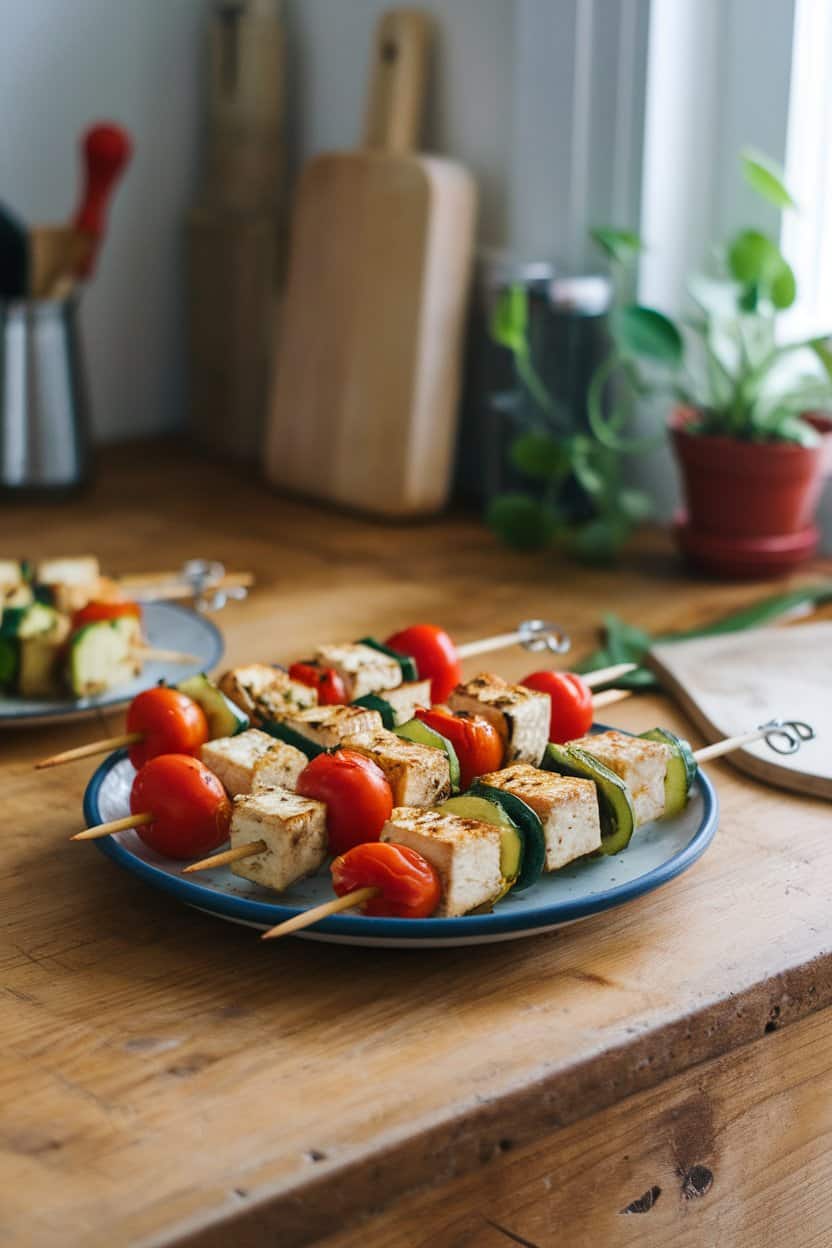 An indoor kitchen table displaying skewers of herb-marinated tofu, cherry tomatoes, and zucchini, lightly charred and resting on a rustic plate; no text or logos present.