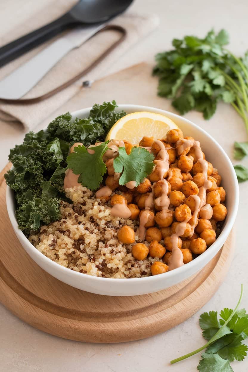 Photo indoors of a power bowl filled with quinoa, massaged kale, roasted chickpeas, and a lemon tahini drizzle. No text or logos present.