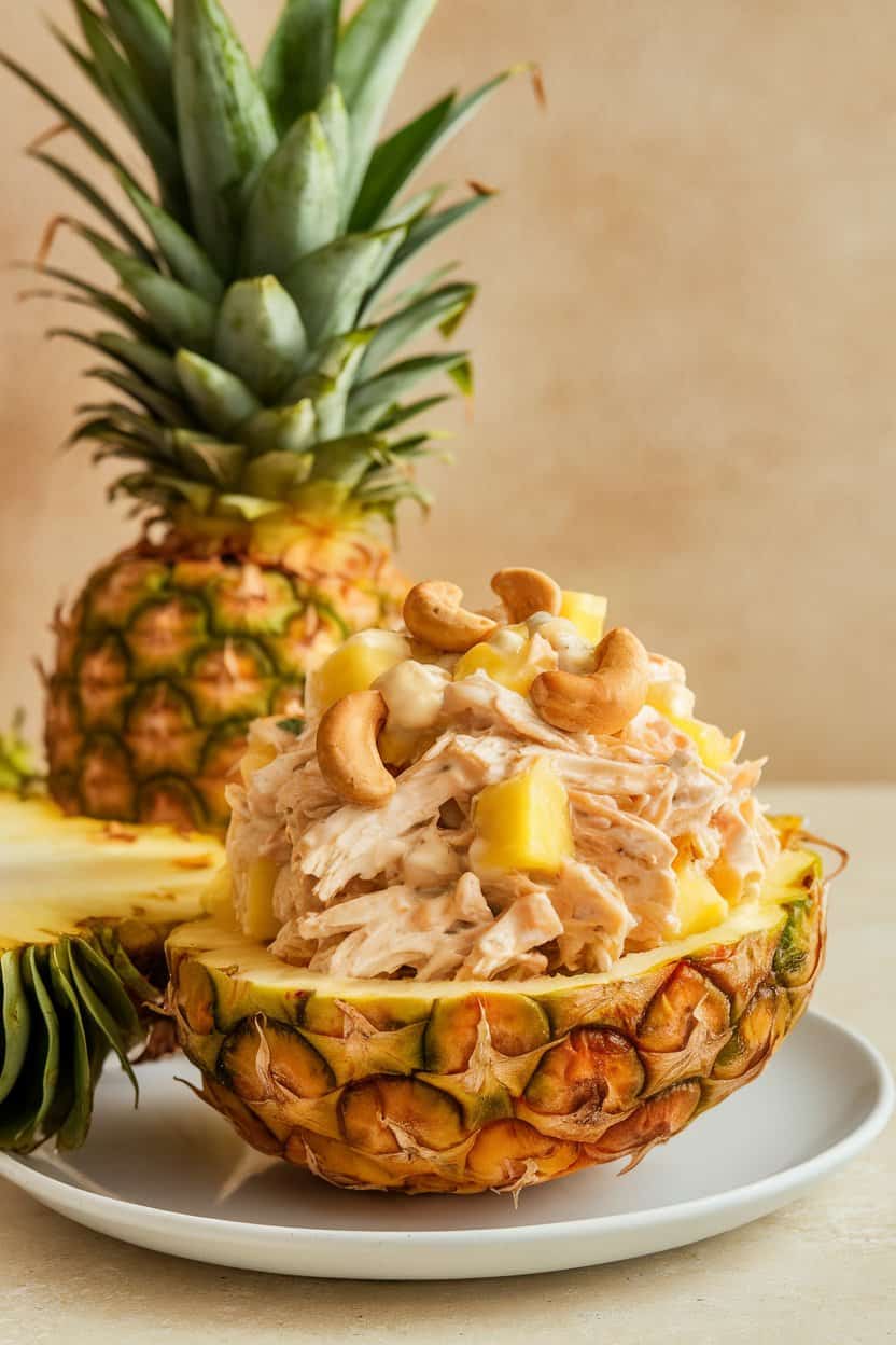 Indoor photo of tropical chicken salad featuring pineapple tidbits and roasted cashews, plated in a hollowed pineapple half for flair—no text or logos