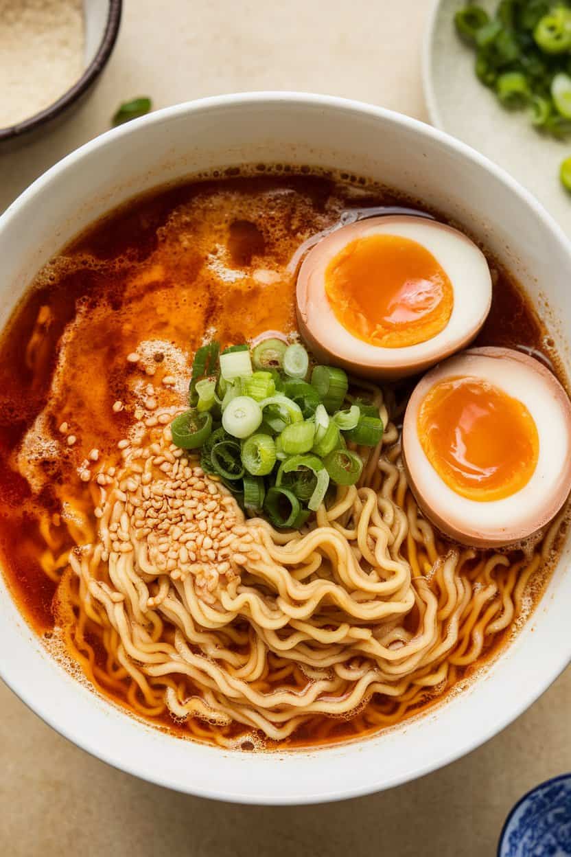 Indoor bowl of upgraded ramen noodles in broth topped with a halved soft-boiled egg, scallions, and sesame seeds. Photo, no text or logos.
