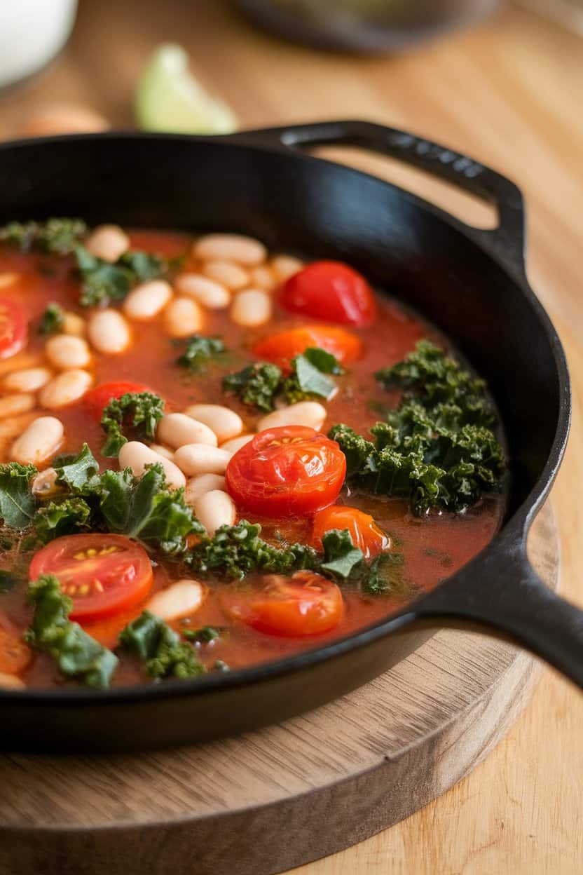 An indoor cast-iron skillet of cannellini beans, cherry tomatoes, and kale in a light tomato broth, no text or logos.