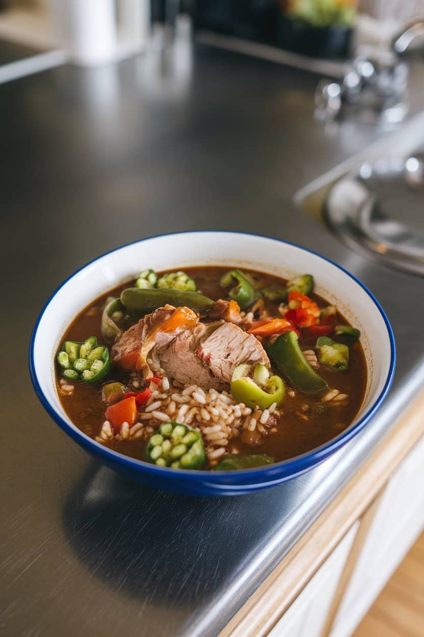 Indoor counter showing a bowl of turkey gumbo with okra, bell peppers, and brown rice, roux-based broth dark and rich. No text or logos.