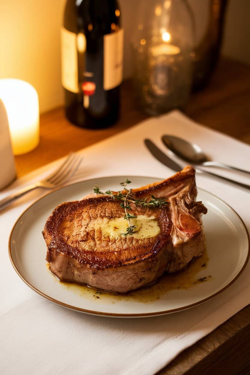 A warmly lit indoor dining table showcasing a cooked bone-in pork chop with a deep golden sear, drizzled with melted garlic butter and garnished with fresh thyme on a simple white plate. No text or logos in the scene. Photo, not illustration.