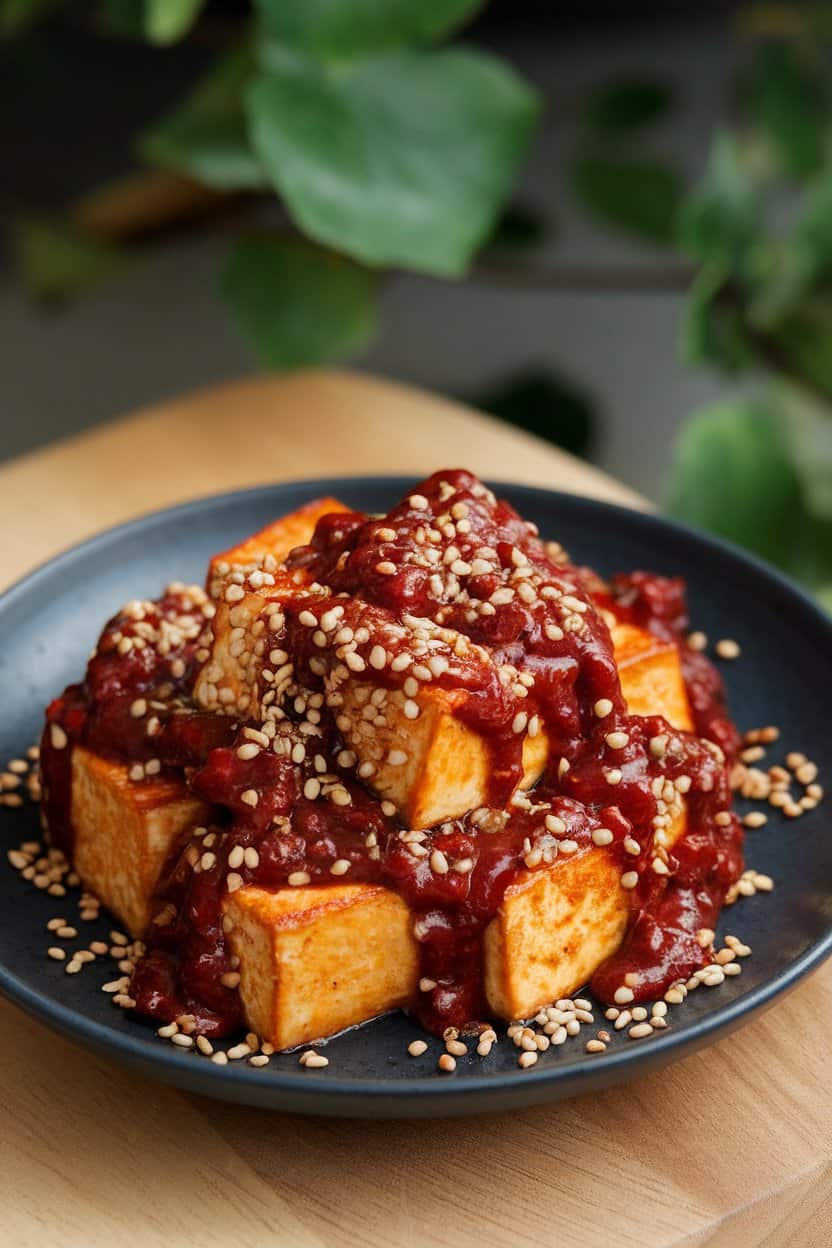 An indoor plate photo of seared tofu pieces coated in deep red gochujang sauce, sprinkled with toasted sesame seeds; no logos or text present.