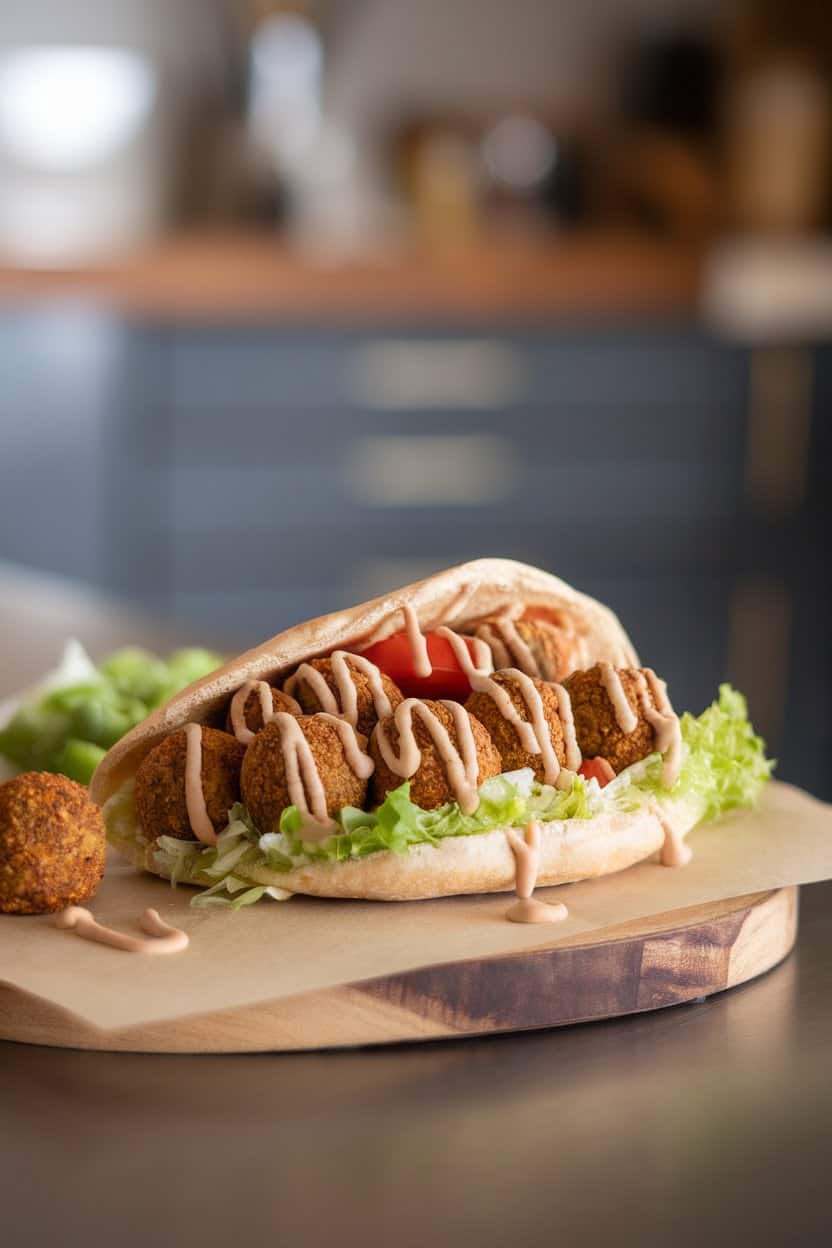 Indoor countertop displaying an open pita stuffed with crispy falafel balls, lettuce, tomato, and tahini drizzle, no text or logos.