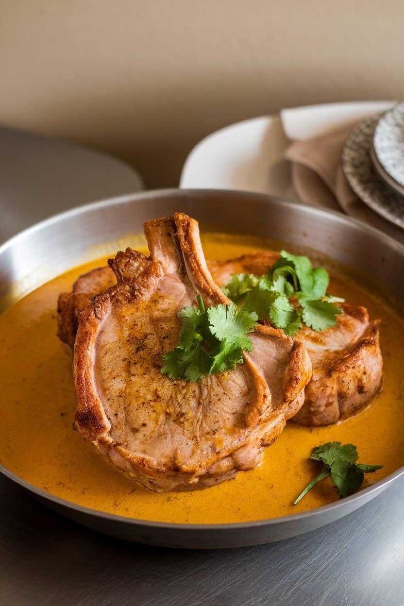 An indoor dining table with a shallow bowl of golden coconut curry sauce partially covering seared pork chops, garnished with cilantro. No text or logos present. Photo, not illustration.