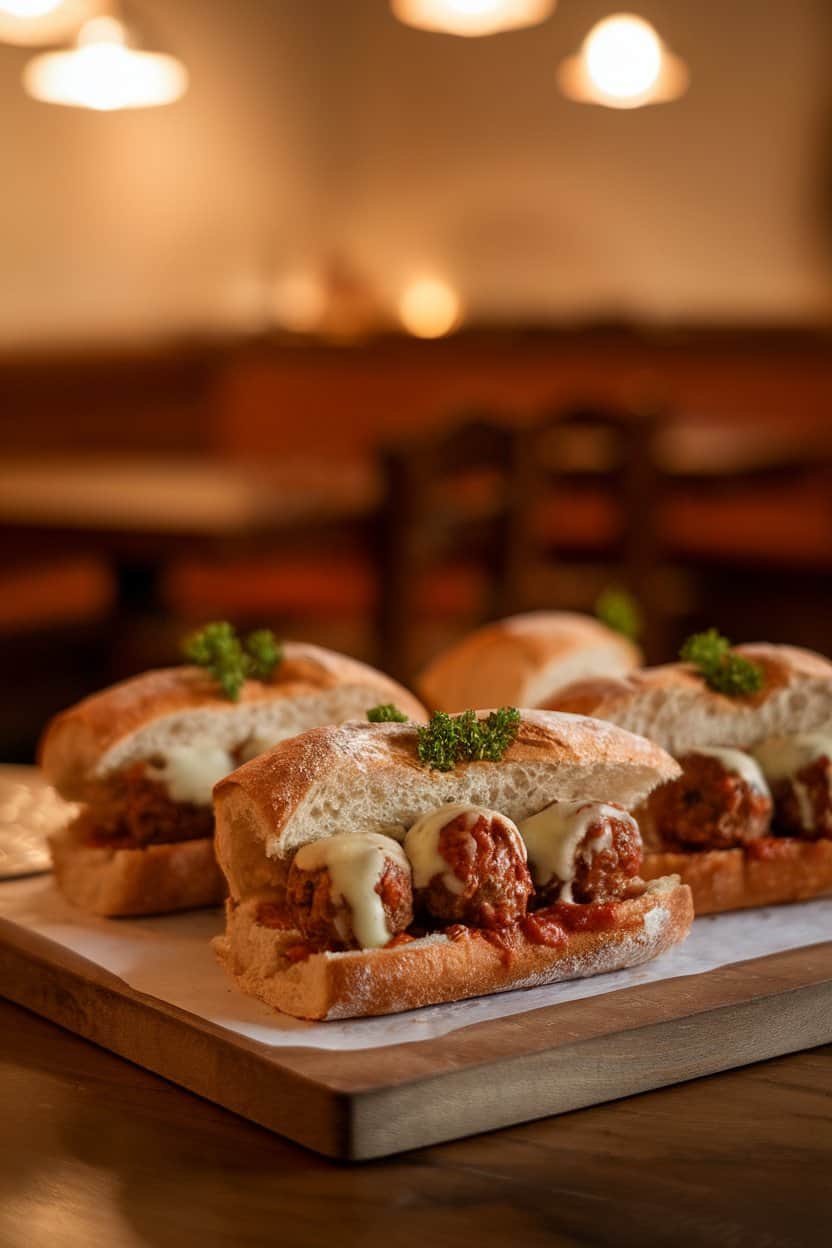 A warmly lit indoor sandwich board with crusty rolls stuffed with saucy meatballs and melted provolone, a sprinkle of parsley on top. No text or logos.