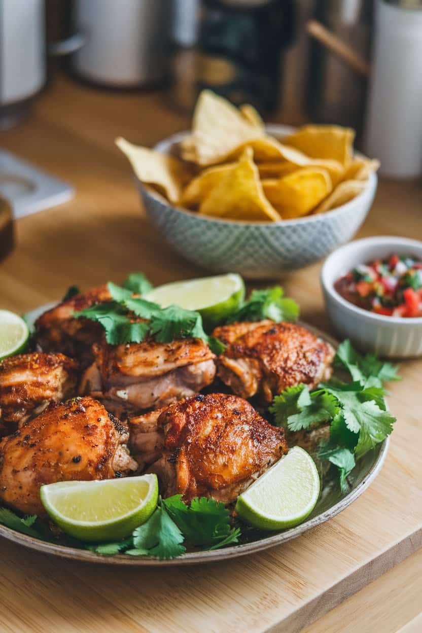 Indoor countertop with a platter of chipotle-lime chicken thighs garnished with fresh lime wedges and cilantro. Photo only, no branding.