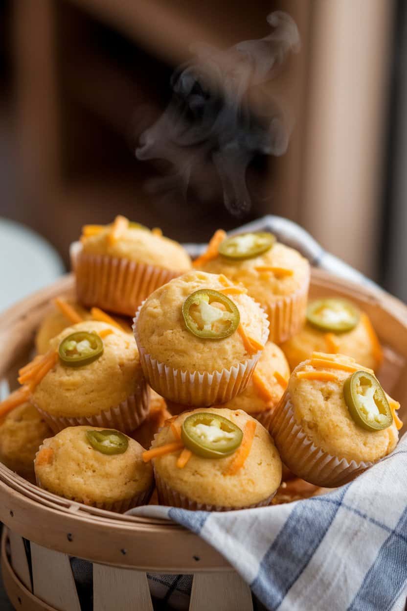 An indoor basket of small cornbread muffins studded with jalapeño slices and cheddar, steam wafting upward. No text or logos.
